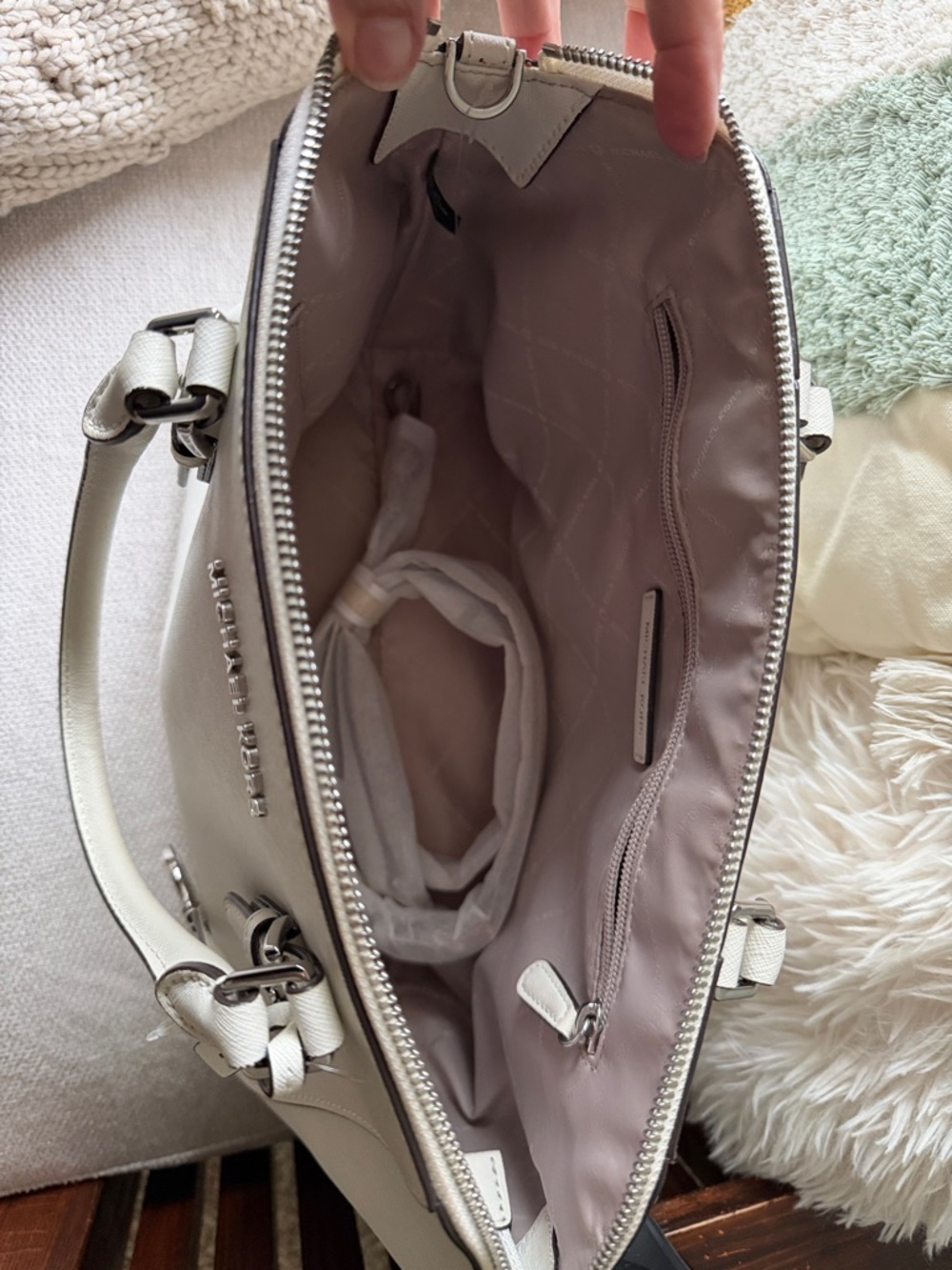 Michael Kors White Saffiano Leather Dome Satchel with MK Charm - Picture 10 of 10